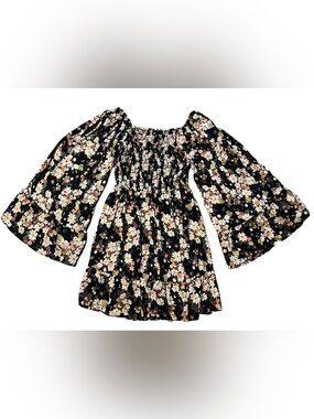 Angie black floral smocked mini dress with bell sleeves boho 70s feminine